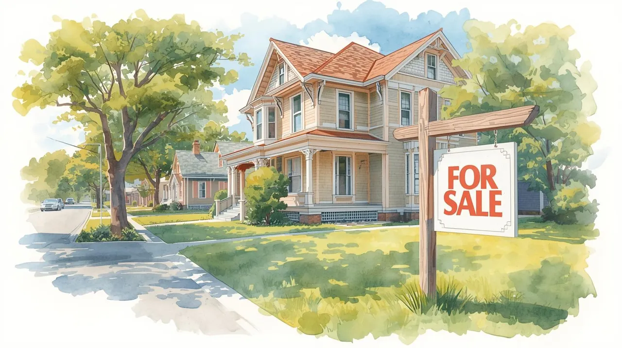 Watercolor illustration of a family home with a for sale sign in the yard, symbolizing the risk of losing a house due to long-term care costs and estate planning decisions. Medicaid estate recovery.