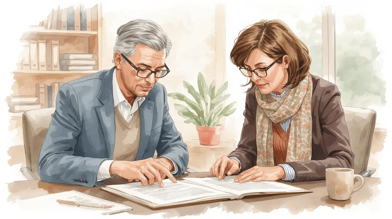 A watercolor illustration of a middle-aged couple sitting together at a desk, reviewing legal documents. The man has short, graying hair and glasses, wearing a sweater, while the woman has shoulder-length hair and is wearing a scarf. Both are leaning slightly forward, focused on the papers in front of them. The desk features an open folder with visible documents, a pen, and a coffee mug, all painted with soft, flowing watercolor strokes. The background includes a softly blurred bookshelf, a pott