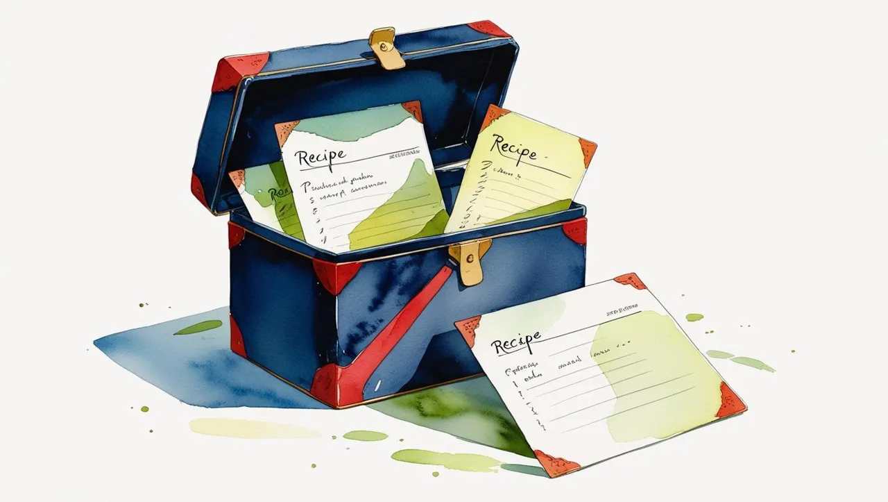 Family recipe estate planning. Watercolor illustration of an open recipe box with handwritten cards spilling out, featuring soft, blended edges and warm tones in navy blue, crimson red, and earthy greens.