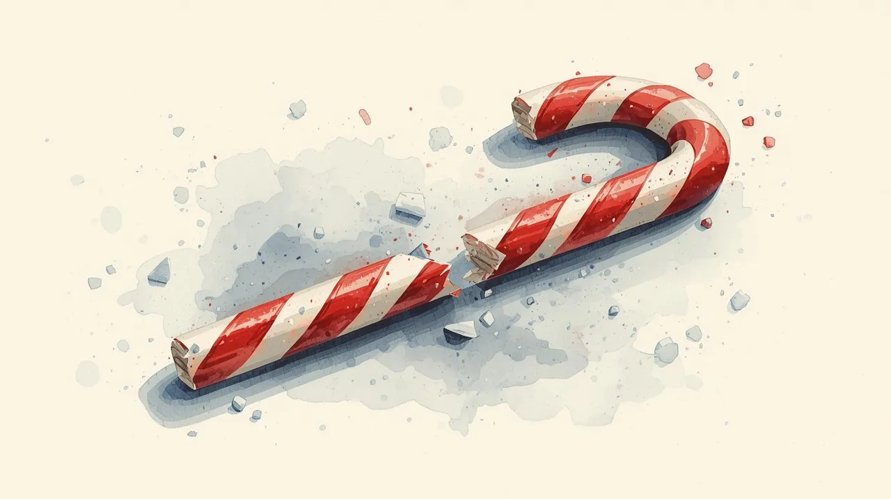 Watercolor illustration of a broken red-and-white candy cane surrounded by scattered fragments, symbolizing holiday conflict or family tension. How to avoid inheritance disputes.