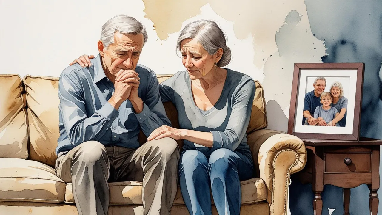 Elderly couple sitting on a couch, comforting each other while reflecting on family memories, with a framed photo nearby. Emotional side of estate planning.