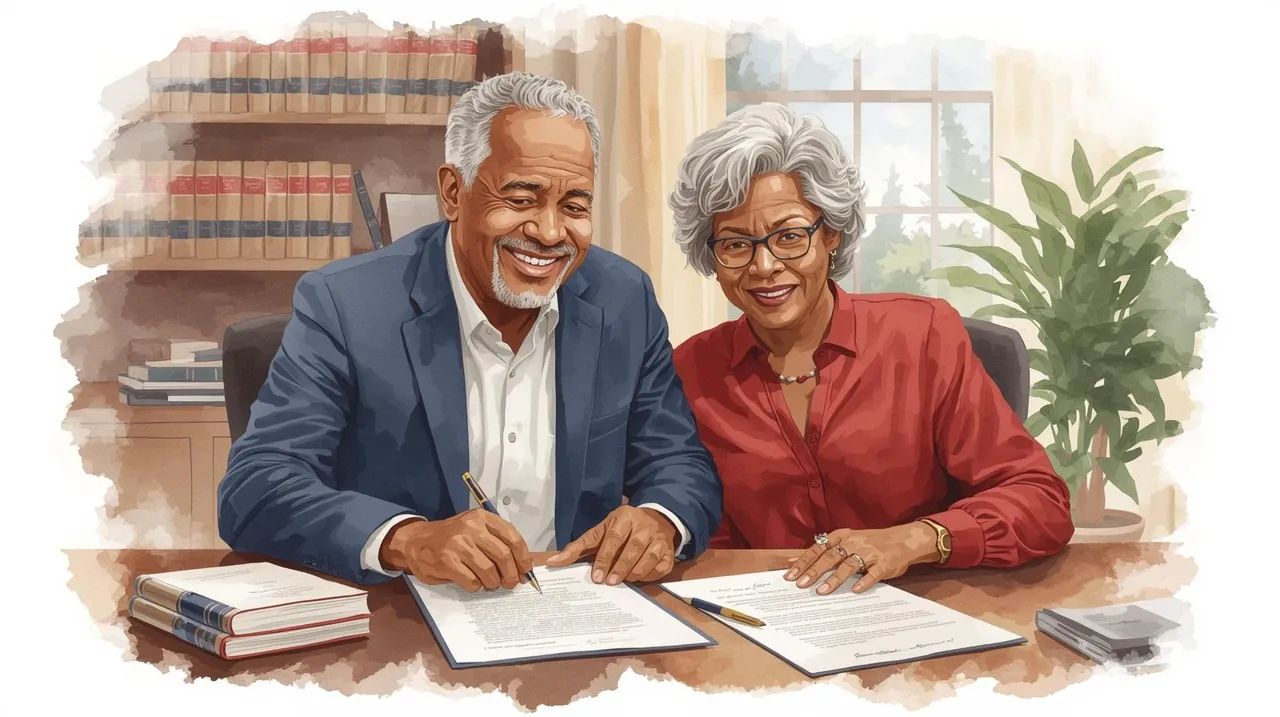 A watercolor-style illustration of an older African American couple in their late 60s sitting together at a desk in a lawyer’s office, smiling warmly as they review legal documents. The man wears a navy blue sweater, and the woman wears a crimson red scarf, reflecting brand colors. On the desk, there is a stack of papers and a pen, emphasizing the act of estate planning. The background features a warm and inviting office setting with a bookshelf, potted plant, and a window. The color palette inc