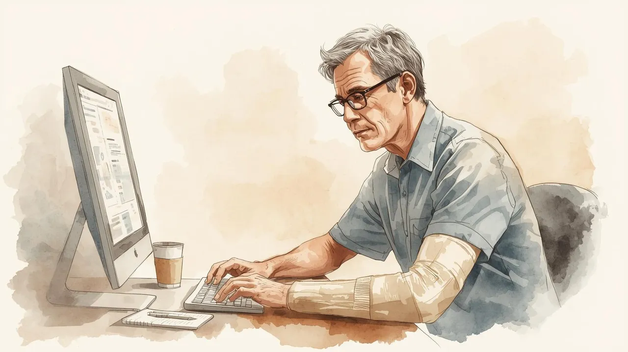 A watercolor illustration of an older man sitting at a desk in his home office, working on a computer with one hand while his other arm is in a cast, resting on the desk. The man has gray hair, glasses, and a calm, focused expression, wearing a casual outfit. The computer screen shows faint, blurred text, hinting at planning or documents. The desk features a notepad, pen, and coffee mug, all painted with soft, flowing watercolor strokes. The background is a soft watercolor wash in warm cream tones with hints of muted blues and greens, creating a warm and inviting atmosphere.