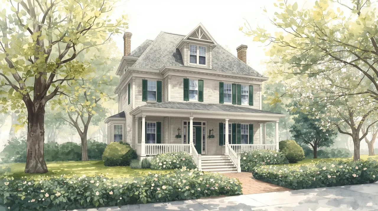 A picturesque Victorian-style home surrounded by soft greenery and blooming spring flowers, representing a family residence and long-term asset. Missouri Medicaid.
