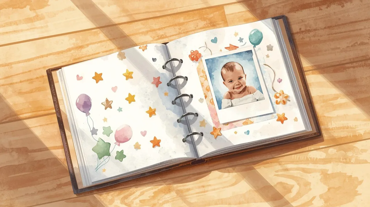 A watercolor-style illustration of an open baby photo album on a wooden table, showing an old baby portrait surrounded by stars, balloons, and playful decorations, symbolizing how time and family life change. An outdated estate plan can cause problems when it no longer reflects your current life.
