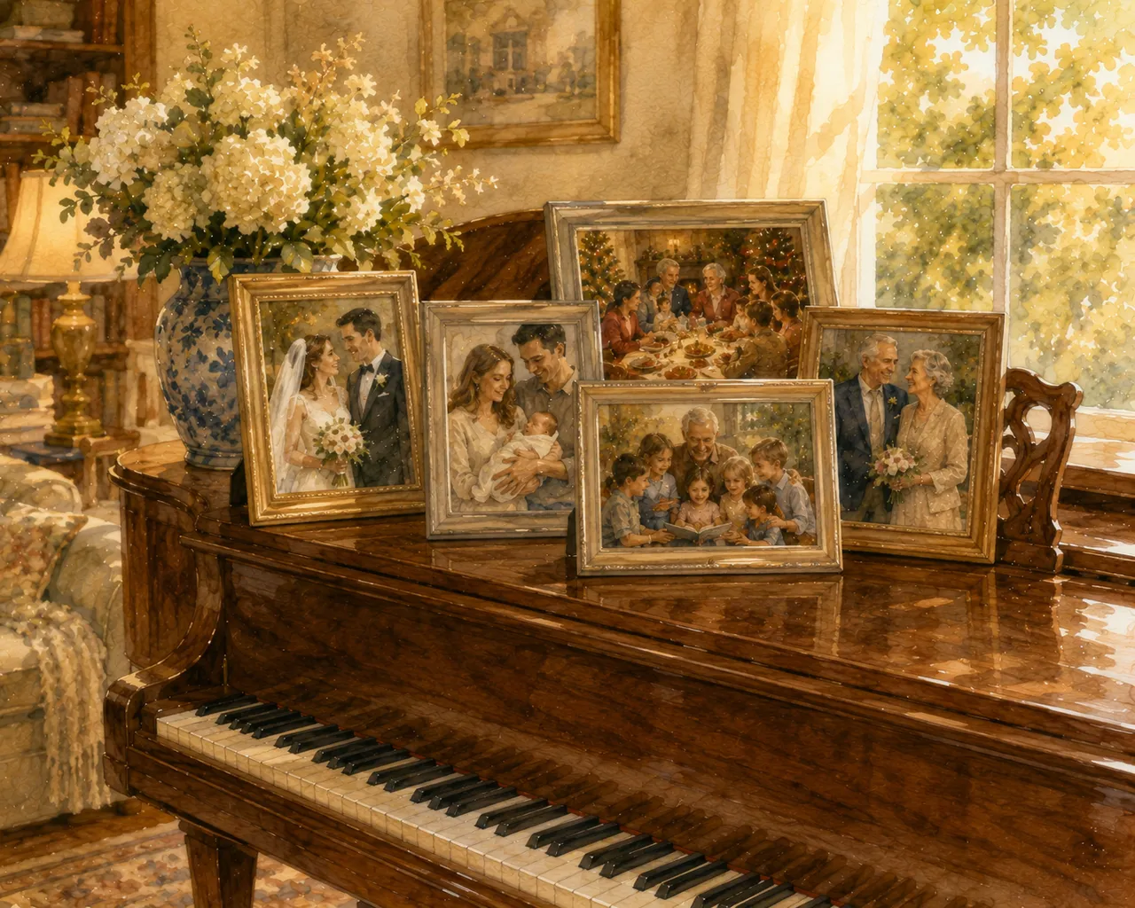 Framed family photographs spanning a lifetime displayed on a grand piano beside fresh white flowers in a warm, welcoming home. Missouri probate laws.
