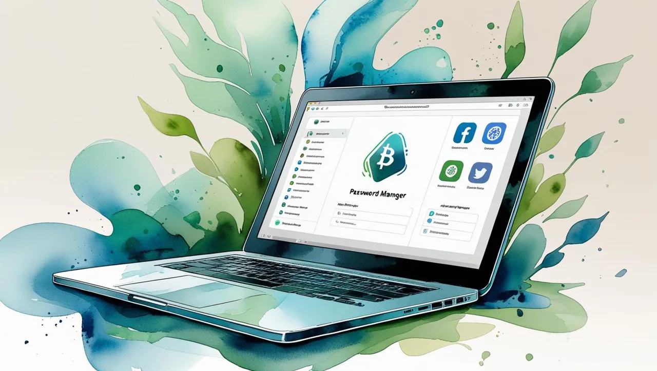 Watercolor illustration of an open laptop with the screen displaying a password manager interface or icons representing digital assets, such as cryptocurrency, social media, and cloud storage. The laptop is surrounded by soft, abstract watercolor patterns and greenery, using a color palette of soft blues, greens, and neutral tones. The image evokes a modern, inviting, and personal atmosphere, symbolizing the importance of safeguarding digital estates.