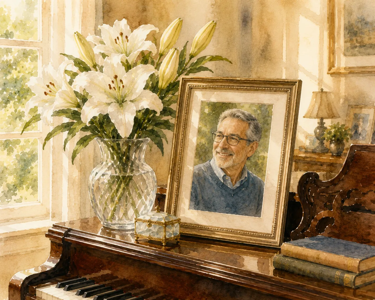 Watercolor illustration of a framed portrait beside white lilies on a piano, representing a family preparing for probate court after the loss of a spouse.