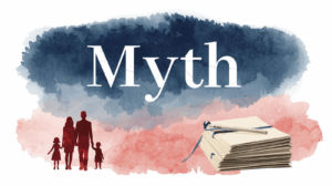 A watercolor-style illustration featuring the word 'Myth' in bold navy blue with a cracked effect, symbolizing the debunking of misconceptions. Below the word is a crimson red silhouette of a family with two parents and two children, representing care and protection. Nearby, a stack of legal documents in neutral tones with navy blue accents highlights the importance of estate planning. The background features soft watercolor washes in navy blue, crimson red, and cream, creating a harmonious and professional aesthetic.