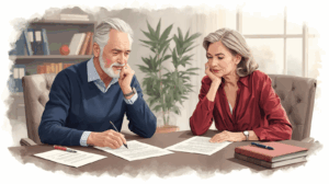 A watercolor-style illustration of an older couple in their late 60s sitting together at a desk, reviewing legal documents. The man wears a navy blue sweater, and the woman wears a crimson red scarf, reflecting brand colors. On the desk, there is a stack of papers and a pen, emphasizing the act of reviewing their estate plan. The background features a warm and inviting office setting with a bookshelf, potted plant, and a window. The color palette includes navy blue, crimson red, and neutral tones, creating a professional and approachable atmosphere.