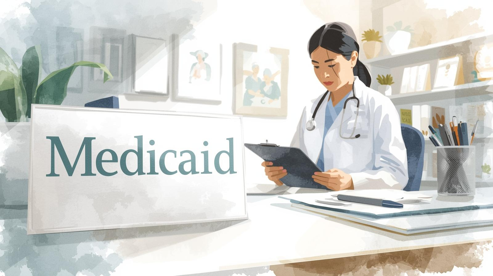 A watercolor illustration of a doctor’s office with a plate on the desk prominently displaying the word 'Medicaid' in bold, professional lettering. In the background, a doctor in a white coat is seen filling out documents, adding a human touch to the scene. The desk features a clipboard, a stethoscope, and a pen holder, reinforcing the medical setting. The background includes subtle details like medical posters and a bookshelf, creating a realistic yet uncluttered environment. The overall color palette includes soft cream tones with hints of muted blues and greens, adding warmth and vibrancy to the image.