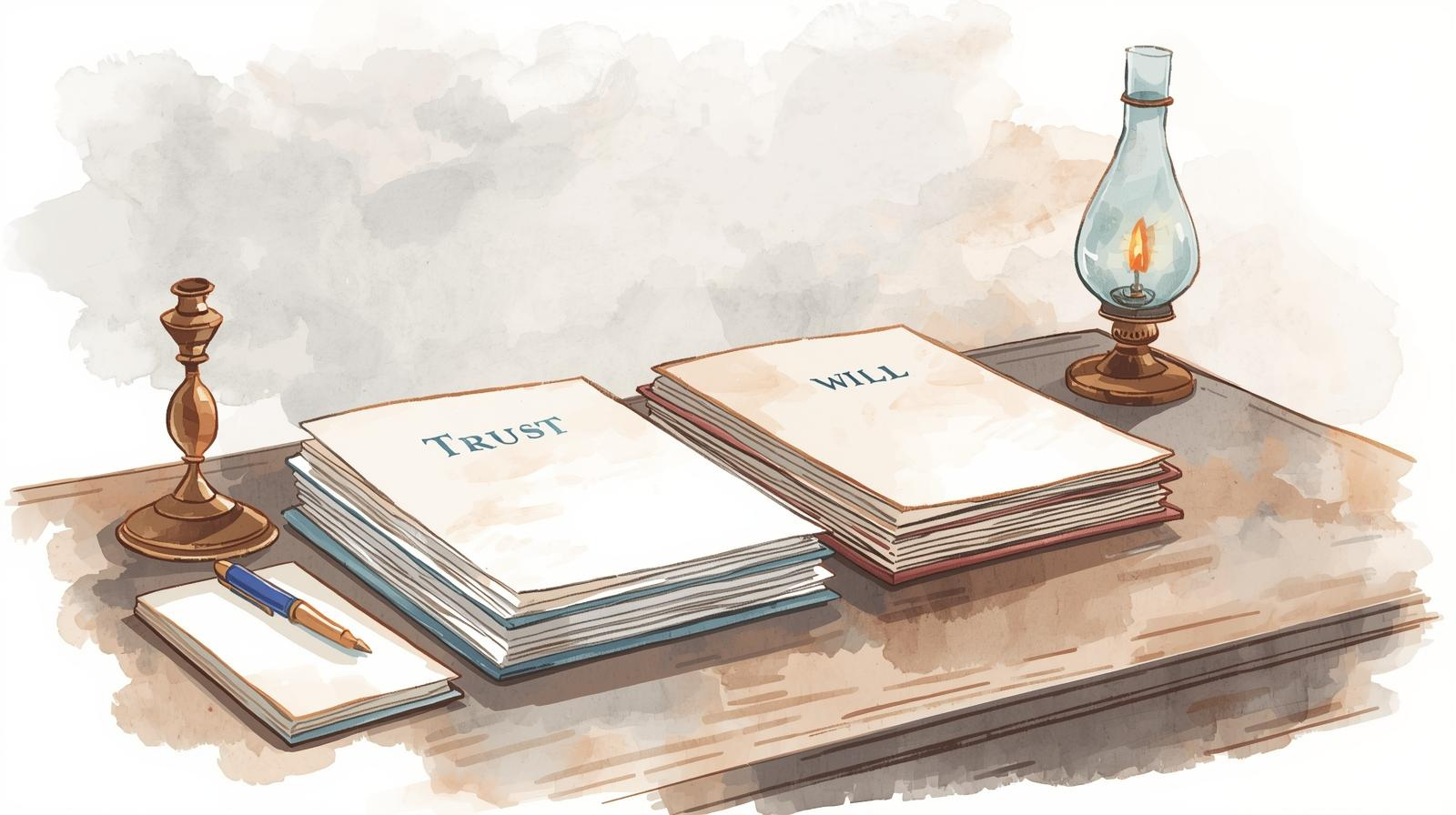 A watercolor illustration of an old-fashioned wooden desk with two neat stacks of documents labeled 'Trust' and 'Will' in bold, professional lettering. The desk features warm wood tones, with a fountain pen resting diagonally, its metallic body accented with a soft blue tint. A notepad with a muted blue cover sits nearby, adding a subtle pop of color. An oil lamp with a soft, warm glow and a faint blue tint in its glass completes the scene. The background is a soft watercolor wash of cream, blush pinks, and muted blues, creating a vibrant yet elegant atmosphere.