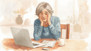 A watercolor illustration of an older woman sitting at her kitchen table, her hands covering her face in a gesture of mild distress. An open laptop sits in front of her, displaying a faintly visible estate planning document. Beside the laptop is an untouched mug of coffee, adding to the sense of distraction. The kitchen setting is warm and inviting, with a simple wooden table, soft lighting, and subtle background details like a vase of flowers and a window with light curtains. The overall atmosphere conveys a relatable moment of feeling overwhelmed while working on important tasks.