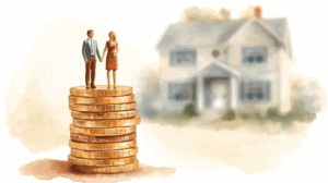 A watercolor illustration of two figurines representing a couple standing on a stack of gold coins, symbolizing financial planning and trust funding. The figurines are positioned closely, conveying unity and partnership. In the softly blurred background, a house is visible, painted in muted tones of cream, gray, and blue, representing property and estate planning. The overall color palette features warm golds, terracotta, and cream, complemented by soft blues and greens, with visible watercolor brushstrokes and blended gradients creating a harmonious and symbolic visual.