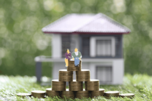 couple figurines on stack of coins with house in background- funding a trust concept