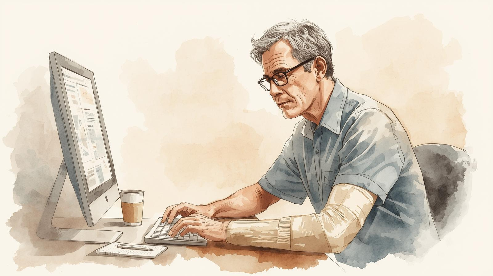 A watercolor illustration of an older man sitting at a desk in his home office, working on a computer with one hand while his other arm is in a cast, resting on the desk. The man has gray hair, glasses, and a calm, focused expression, wearing a casual outfit. The computer screen shows faint, blurred text, hinting at planning or documents. The desk features a notepad, pen, and coffee mug, all painted with soft, flowing watercolor strokes. The background is a soft watercolor wash in warm cream tones with hints of muted blues and greens, creating a warm and inviting atmosphere.