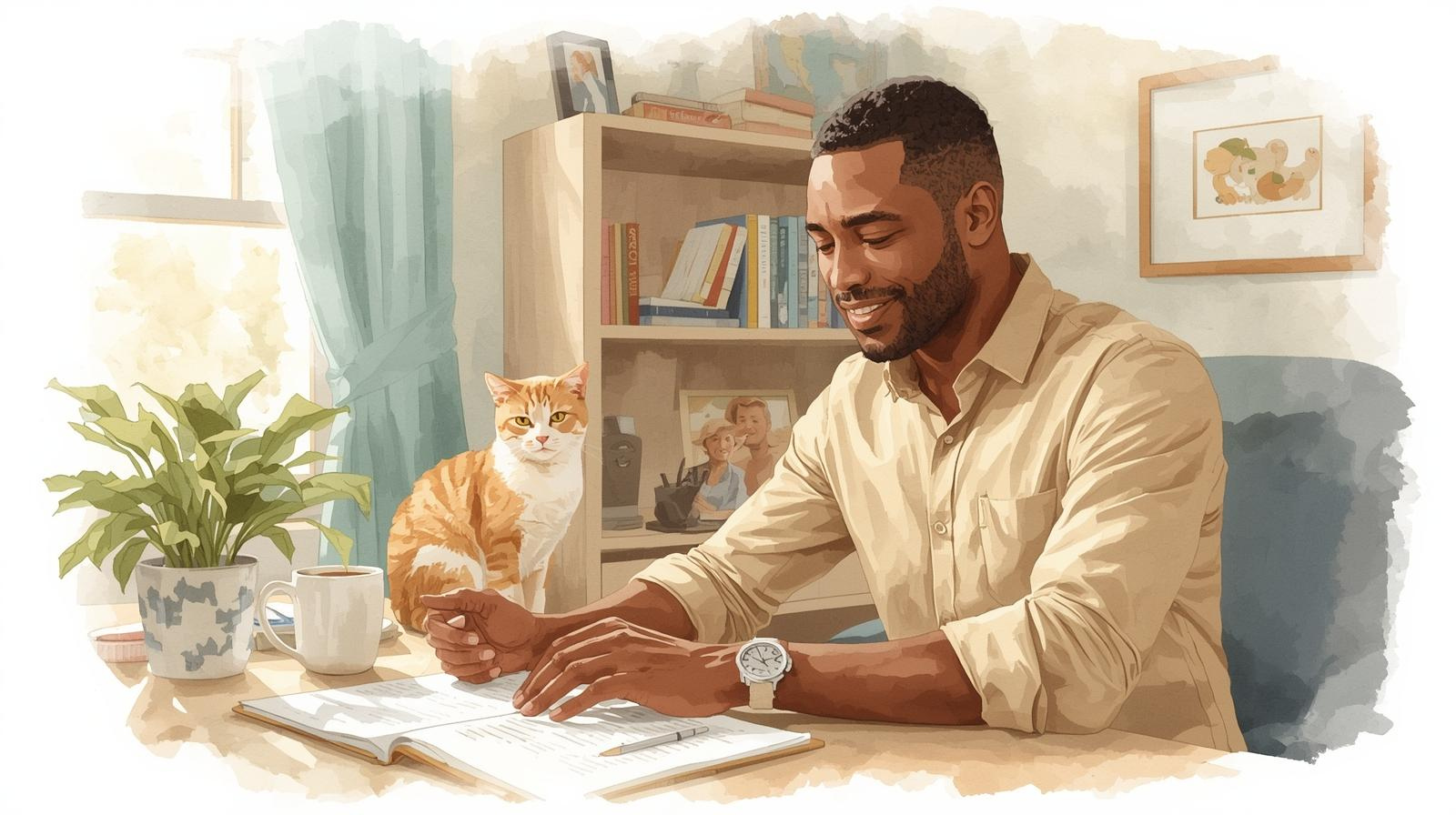 A middle-aged professional man sits at a desk in his cozy home office, smiling warmly as he reviews documents. A laptop is open beside him, and a small, relaxed cat sits on the desk, adding a touch of charm. The room features warm lighting, a bookshelf, a coffee mug, a plant, and a framed family photo in the background. The scene is illustrated in a soft watercolor style with warm tones and subtle brand colors, creating a friendly and approachable atmosphere.