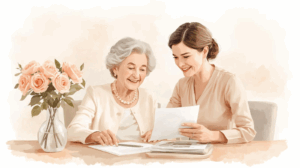 An elegant elderly woman in her sixties and her professional-looking daughter in her forties sit together at a cozy kitchen table, smiling warmly as they review documents. A vase of roses is subtly placed in the background, adding a gentle decorative touch. The scene conveys trust, collaboration, and care in a soft, refined watercolor style.