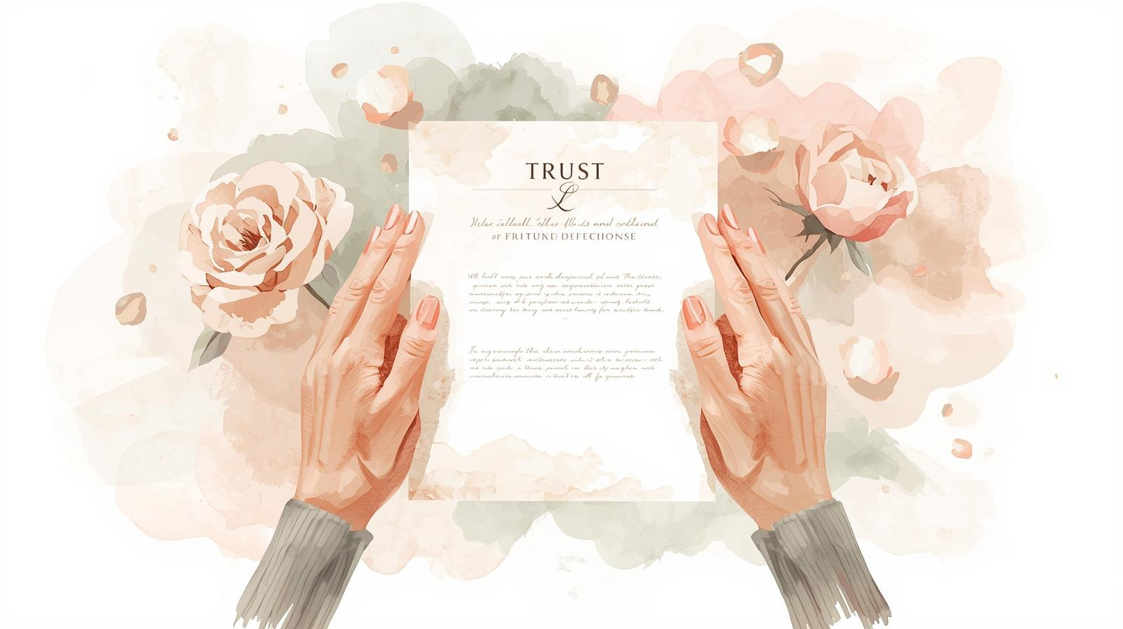 An elegant watercolor illustration of an elderly woman’s hands with baby pink-colored nails gently holding a formal legal document titled 'Trust.' The document features subtle details like a faint seal, emphasizing its official nature. The background is a soft blend of blush pinks, muted greens, and creamy whites, with delicate watercolor roses and petals subtly scattered around, creating a warm and serene atmosphere.
