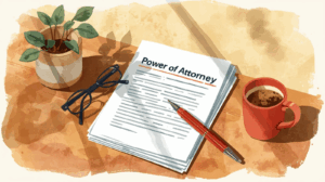 A watercolor illustration of a neatly stacked set of documents on a desk, with the top document labeled 'Power of Attorney' in bold lettering. A pen rests beside the stack, along with a pair of reading glasses. The desk features warm, inviting details like a coffee mug and a small plant, with soft lighting creating a cozy atmosphere. The illustration incorporates navy blue and crimson red as primary colors, with soft green and warm brown accents, all rendered in a hand-painted watercolor style with soft edges and transparent layers.