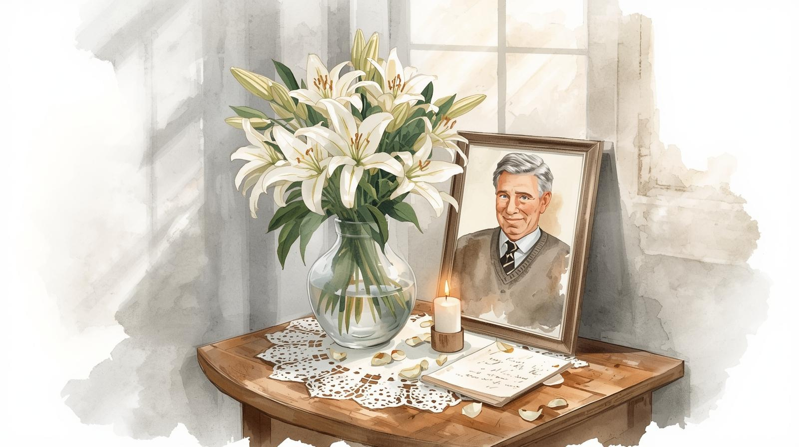 A watercolor illustration of a vase of white lilies resting on a small wooden table with a lace doily. Beside the vase is a framed portrait of an older, distinguished gentleman with silver hair and a kind expression, dressed in a suit or sweater with a tie. A burning candle in a small holder adds a soft glow, while a folded letter and a few fallen lily petals are scattered on the table. The background is softly muted, with light tones and a hint of a blurred window, creating a serene and reflective atmosphere.