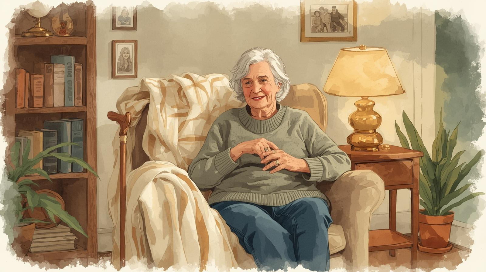 An older woman sits in a cozy living room, smiling warmly as a cane rests against the arm of her comfortable chair. The softly lit room features a side table with a glowing lamp, family photos in the background, and soft furnishings like a plush rug and throw pillows, creating a warm and inviting atmosphere.