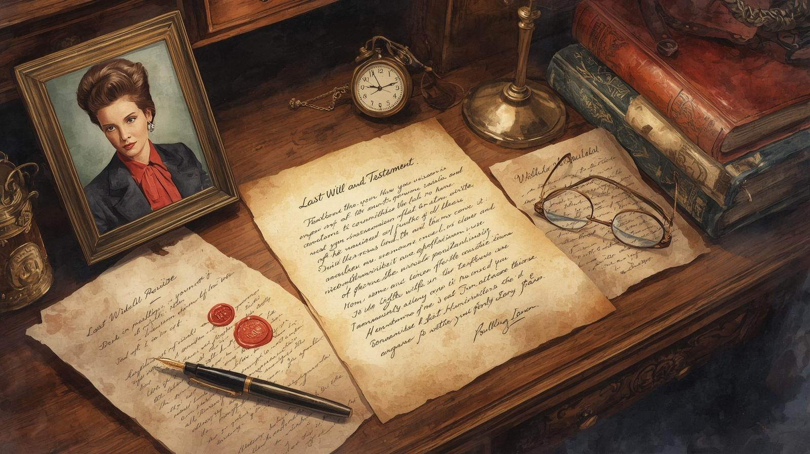 A vintage wooden desk with intricate carvings holds a partially written will on aged parchment titled "Last Will and Testament," accompanied by an ornate fountain pen. The desk is adorned with a framed photograph of a 1980s woman in her thirties, featuring voluminous teased curls, a blazer with shoulder pads, and bold makeup. Other items include an antique pocket watch, small letters with wax seals, a small globe, law books, reading glasses, and a softly glowing desk lamp. The scene is painted in a warm watercolor style with navy blue, crimson red, and earthy tones, evoking a sense of wisdom and a life well-lived.
