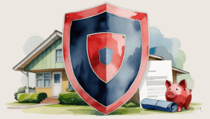 A watercolor illustration of a large shield in navy blue and crimson red, symbolizing protection. Behind the shield are a 1950s-style house in soft greens and warm browns, a crimson red piggy bank representing savings, and a rolled-up legal document in navy blue, symbolizing estate planning. The design features soft, blended edges and a light off-white background, evoking a sense of security, warmth, and approachability.