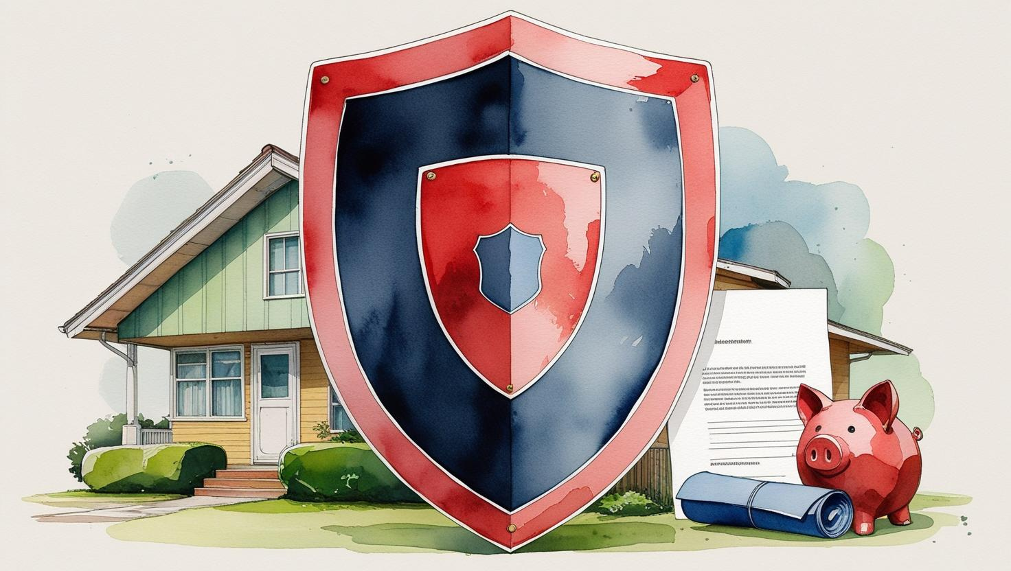 A watercolor illustration of a large shield in navy blue and crimson red, symbolizing protection. Behind the shield are a 1950s-style house in soft greens and warm browns, a crimson red piggy bank representing savings, and a rolled-up legal document in navy blue, symbolizing estate planning. The design features soft, blended edges and a light off-white background, evoking a sense of security, warmth, and approachability.