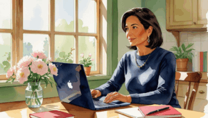 A watercolor-style illustration of a middle-aged woman sitting at a desk with one open laptop in front of her. She gazes thoughtfully into the distance, appearing calm and reflective. Beside the laptop is a small vase of flowers, a notebook, and a pen, adding warmth and a sense of planning to the scene. The setting is a cozy home environment with soft, natural light, featuring Polaris Law Group’s brand colors: navy blue, crimson red, and complementary tones like soft greens and warm browns. The overall tone conveys calmness, empowerment, and forward-thinking.
