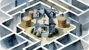 Watercolor illustration of a maze with intricate, winding paths. At the center of the maze is a Victorian-style house in soft beige tones, surrounded by legal documents with seals and stacks of coins, symbolizing the assets being protected and distributed through probate. The maze walls are muted gray and blue, and a faint glow surrounds the house and assets, emphasizing the goal of completing the probate process. The background is soft and minimal, with muted blues and grays, creating a professional and approachable tone.