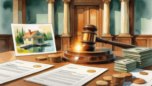 Watercolor illustration of a courtroom interior with a judge’s bench as the focal point. On the bench rests a large wooden gavel surrounded by symbolic assets, including a cozy lakehouse, legal documents with seals, and stacks of coins, representing the stakes of the probate process without a will. The courtroom features classic wooden paneling and muted tones of brown and beige, while the lakehouse and assets are highlighted with soft greens, blues, and golds. A faint glow surrounds the gavel and assets, emphasizing their importance in the legal process.