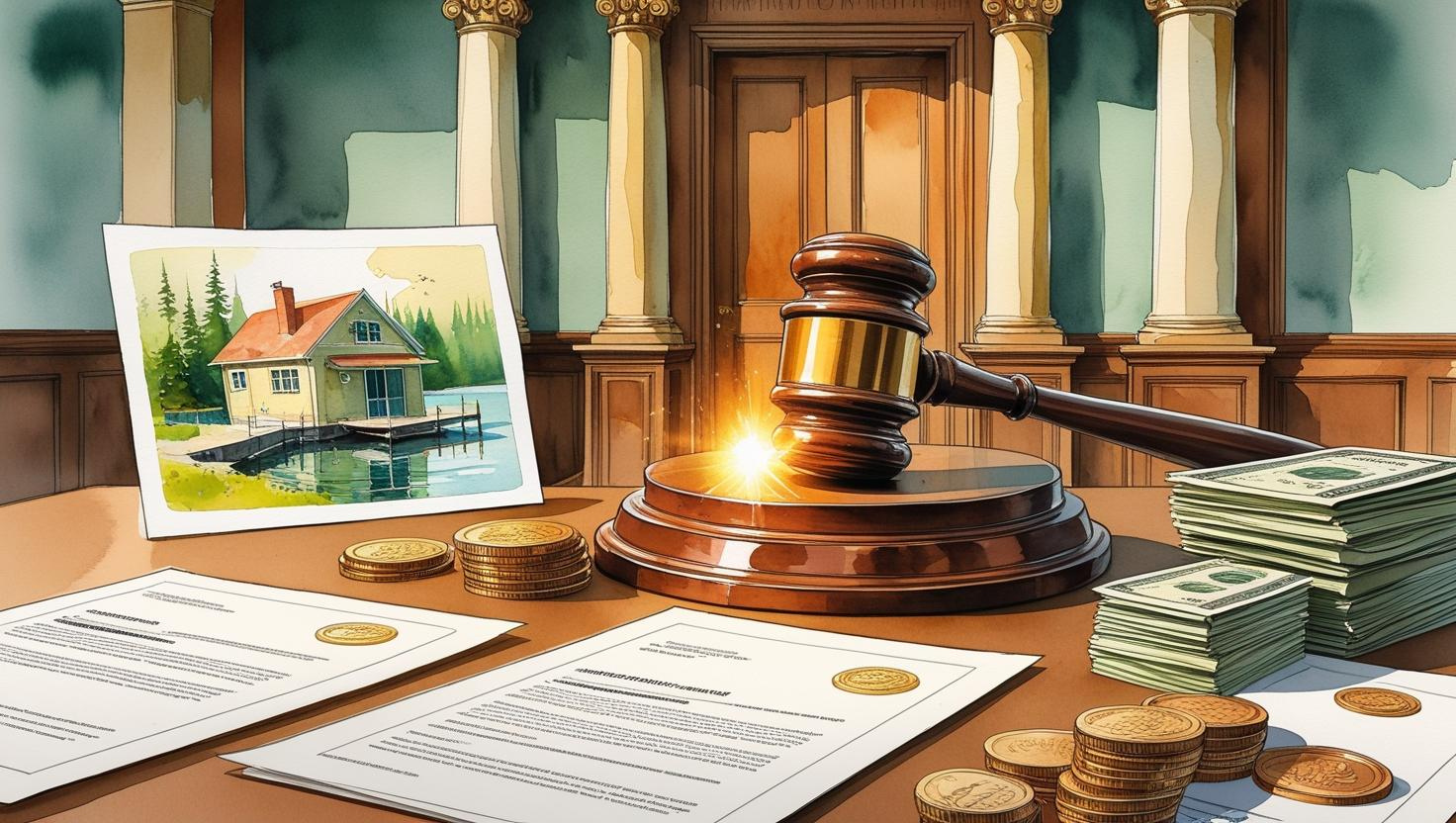 Watercolor illustration of a courtroom interior with a judge’s bench as the focal point. On the bench rests a large wooden gavel surrounded by symbolic assets, including a cozy lakehouse, legal documents with seals, and stacks of coins, representing the stakes of the probate process without a will. The courtroom features classic wooden paneling and muted tones of brown and beige, while the lakehouse and assets are highlighted with soft greens, blues, and golds. A faint glow surrounds the gavel and assets, emphasizing their importance in the legal process.