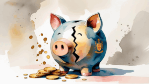 Watercolor illustration of a piggy bank broken cleanly in the middle, with coins spilling gently onto the surface below. The rest of the piggy bank remains intact, featuring a subtle family crest or initials on its side to symbolize legacy and inheritance. The design uses soft watercolor textures in muted blues, warm golds, and soft pinks, with a light, abstract background evoking the financial impact of divorce on family wealth.