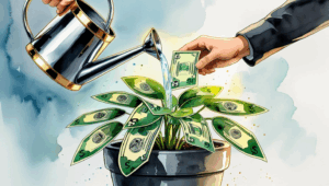 Watercolor illustration of a hand holding a watering can, pouring water into a pot containing a thriving money plant. The plant’s leaves are literal dollar bills, with rectangular shapes and recognizable details like abstract patterns and borders, symbolizing wealth and growth. The watering can has a sleek design with gold accents, and the water flows naturally into the pot. The background is soft and minimal, featuring muted blues and grays, with a gentle glow around the plant to emphasize its vitality and prosperity.
