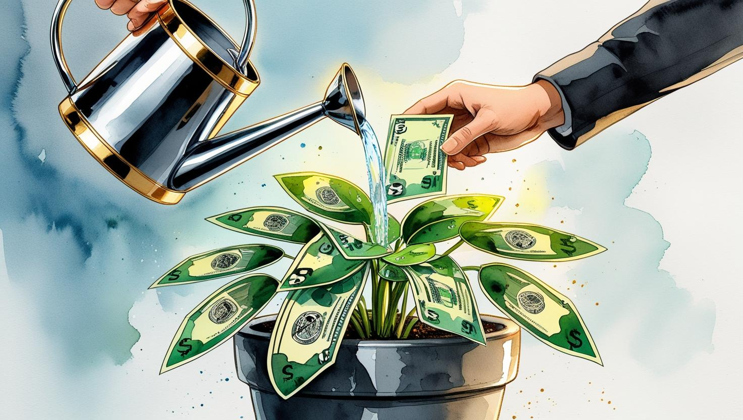 Watercolor illustration of a hand holding a watering can, pouring water into a pot containing a thriving money plant. The plant’s leaves are literal dollar bills, with rectangular shapes and recognizable details like abstract patterns and borders, symbolizing wealth and growth. The watering can has a sleek design with gold accents, and the water flows naturally into the pot. The background is soft and minimal, featuring muted blues and grays, with a gentle glow around the plant to emphasize its vitality and prosperity.