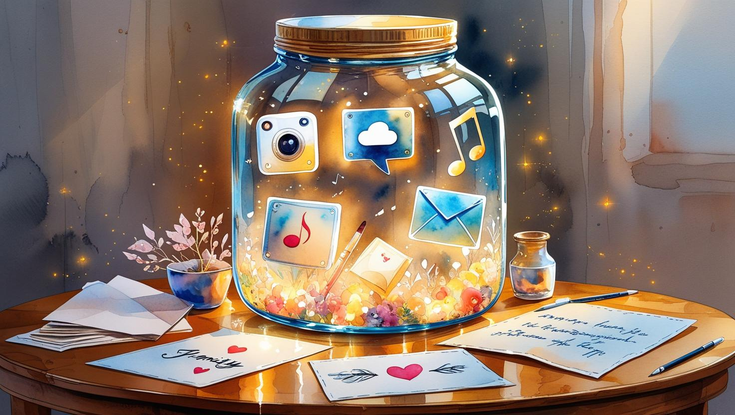 Watercolor illustration of a glass memory jar filled with glowing digital icons, including a camera, music note, cloud, envelope, film reel, and book, each representing different aspects of a digital legacy. Alongside the icons are sentimental items like a family photo, a handwritten note, and a child’s drawing. The jar emits a warm, golden and bluish glow, with light spilling onto the wooden table it rests on. The scene uses soft, warm tones of gold, blue, and pink, evoking a sense of nostalgia and reflection.