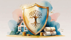 Watercolor illustration of a large, glowing shield with intricate details, such as a family crest or tree motif, symbolizing protection and legacy. Behind the shield are symbols of family assets, including a house, a small stack of coins, a document scroll, and a family photo. The design features soft, hand-painted watercolor textures in subtle brand colors like warm golds, soft blues, and gentle pinks. The background is light and airy, with a soft gradient or abstract watercolor wash, evoking warmth, trust, and professionalism.