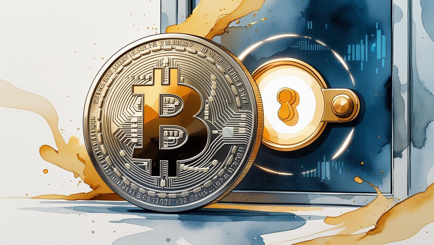 cryptocurrency estate planning. Watercolor illustration of a large, stylized Bitcoin coin resting against a safe or vault. The Bitcoin coin features subtle glowing effects, symbolizing its importance, while the safe has modern details like a glowing lock and digital patterns to represent security. The scene is surrounded by soft, abstract watercolor patterns in shades of gold, silver, and blue, creating a modern, trustworthy, and approachable aesthetic that emphasizes the safeguarding of cryptocurrency.