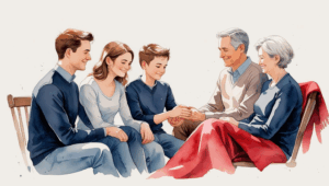 special needs trust Missouri. Watercolor illustration of a family sitting together in a supportive circle. A parent holds the hand of a young adult or teenager, with two grandparents nearby, symbolizing multi-generational support. The family members share warm smiles and comforting body language. The scene features navy blue clothing accents, crimson red details like a blanket or chair, and a soft neutral-toned background, creating a calm and reassuring atmosphere that emphasizes care, unity, and planning for the future.