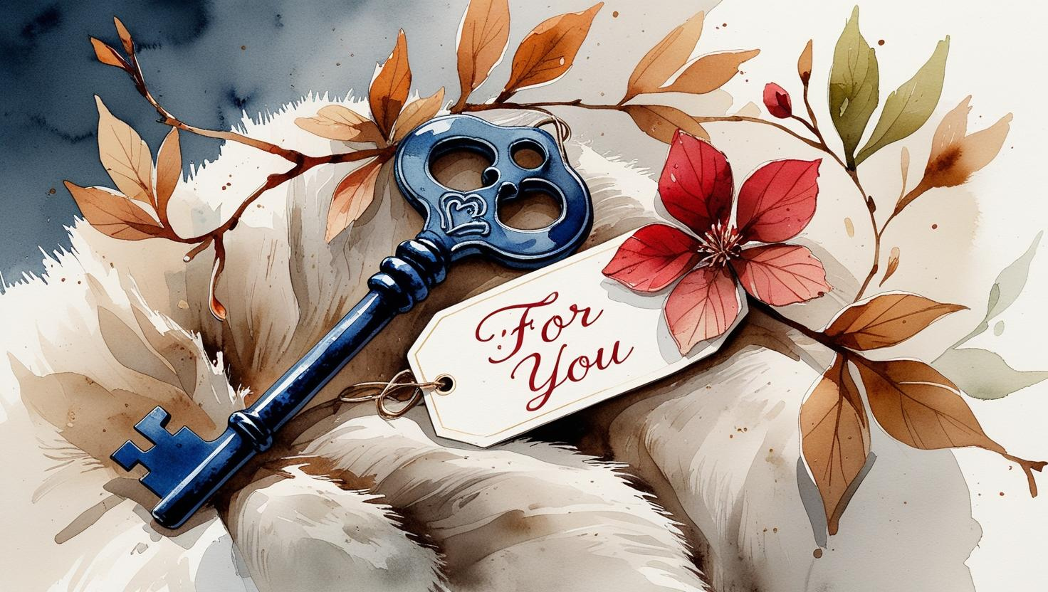 leaving assets to non-family beneficiaries in Missouri. Watercolor illustration of a vintage key with a tag that says 'For You' or 'Legacy,' resting on a soft surface. The key is surrounded by abstract watercolor patterns and natural elements like leaves and flowers, creating a warm and reflective atmosphere. The illustration features soft, flowing textures with navy blue and crimson red as primary colors, complemented by warm browns and soft greens, evoking a thoughtful and personal tone.