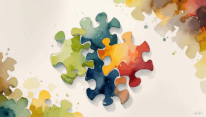 Watercolor illustration of two distinct clusters of puzzle pieces coming together to form a complete picture. The left cluster features soft greens and yellows, while the right cluster showcases warm browns and reds. In the center, the puzzle pieces interlock, symbolizing the blending of two families. The background is neutral with soft, blended edges and transparent watercolor layers, creating a warm and harmonious feel.