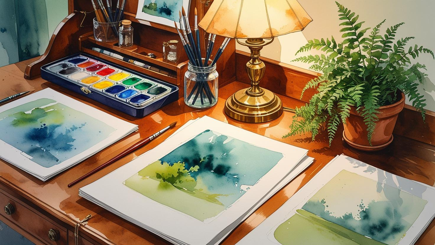 estate planning for artists. Watercolor illustration of an old-fashioned wooden desk set up for a watercolor painter. The desk features a paint palette with watercolor paints, brushes in a jar, and sheets of watercolor paper with soft, unfinished sketches. A warm, antique lamp adds a cozy, nostalgic atmosphere, with soft greens from a small potted plant complementing the scene. The illustration uses navy blue, crimson red, and earthy tones, with flowing, transparent watercolor textures and a hand-painted aesthetic.