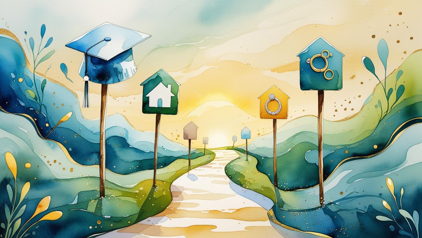 A watercolor illustration of a winding path leading into the distance, with four milestone markers spaced along the way. The markers feature icons of a college graduate hat, a house, wedding rings, and a baby rattle, symbolizing significant life achievements. The path leads toward a glowing horizon, surrounded by soft, abstract watercolor patterns in shades of blue, green, and gold, creating an inspirational and forward-looking aesthetic.