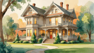 multigenerational estate planning. Watercolor illustration of a large, multi-story Victorian house with intricate architectural details, including gables, bay windows, and a wraparound porch. The house is surrounded by soft greenery, such as trees and bushes, with warm light glowing from the windows and a small path leading to the front door. The illustration uses soft, flowing watercolor textures in earthy tones, greens, and warm yellows, evoking a nostalgic, inviting, and family-oriented atmosphere that symbolizes multigenerational living.