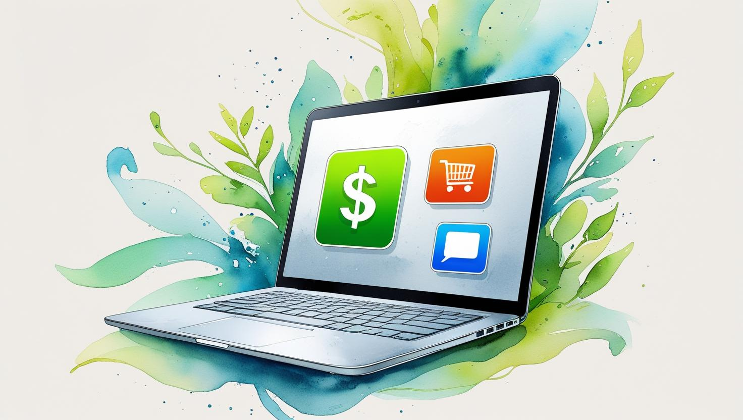 digital business estate planning. Create a watercolor illustration of a laptop with its screen displaying three digital icons: a dollar sign, a shopping cart, and a text box (to represent communication or customer interaction). Surround the laptop with soft, abstract watercolor patterns or greenery to add warmth and approachability. Use a color palette of soft blues, greens, and neutral tones for the laptop, with vibrant accents for the icons to make them stand out. Incorporate flowing, transparent watercolor textures with blended edges to create a modern, inviting, and entrepreneurial aesthetic.