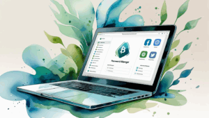 Watercolor illustration of an open laptop with the screen displaying a password manager interface or icons representing digital assets, such as cryptocurrency, social media, and cloud storage. The laptop is surrounded by soft, abstract watercolor patterns and greenery, using a color palette of soft blues, greens, and neutral tones. The image evokes a modern, inviting, and personal atmosphere, symbolizing the importance of safeguarding digital estates.