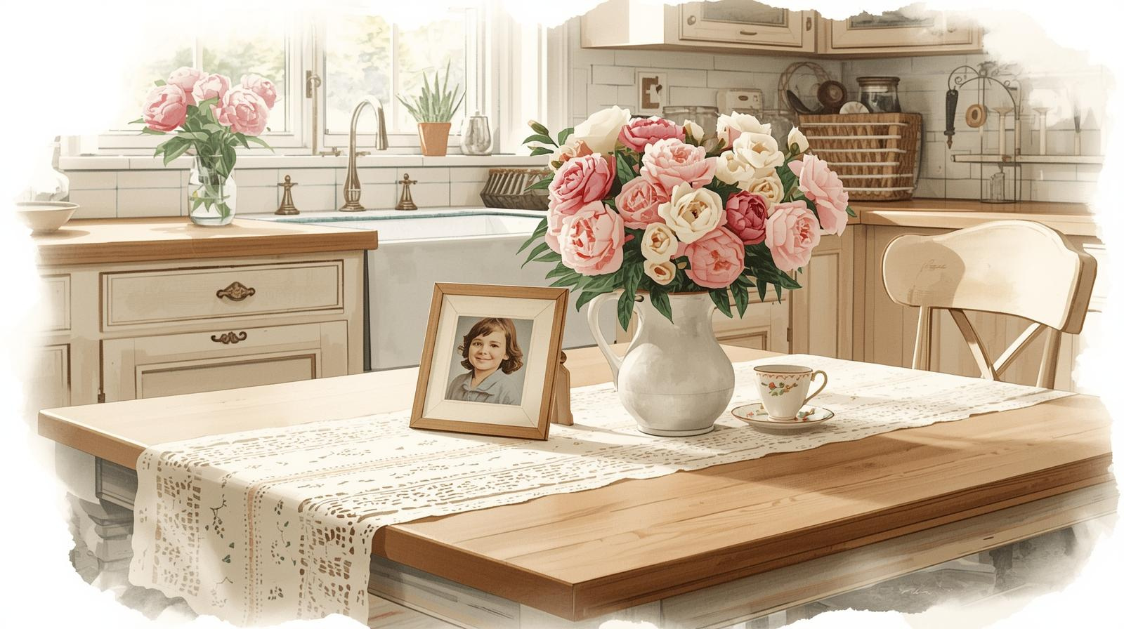 Missouri estate planning for stepchildren. Watercolor illustration of an old-fashioned kitchen table set in a cozy, vintage-style kitchen. The table features a vase of blooming pink and white peonies, a delicate teacup on a saucer, and a framed watercolor-style photograph of a child, symbolizing stepchildren and family connections. The table is covered with a lace or embroidered tablecloth, and the background hints at a vintage kitchen with soft light streaming through a window. The focus is on the table and its meaningful items, evoking warmth, nostalgia, and the importance of thoughtful family planning.