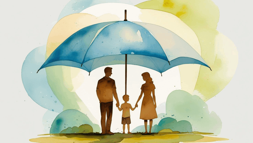 Watercolor illustration of a family silhouette standing under a light sky-blue umbrella, symbolizing protection, with warm earth tones for the family and a cheerful background of pastel greens and yellows.