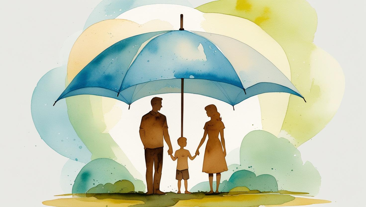 Watercolor illustration of a family silhouette standing under a light sky-blue umbrella, symbolizing protection, with warm earth tones for the family and a cheerful background of pastel greens and yellows.